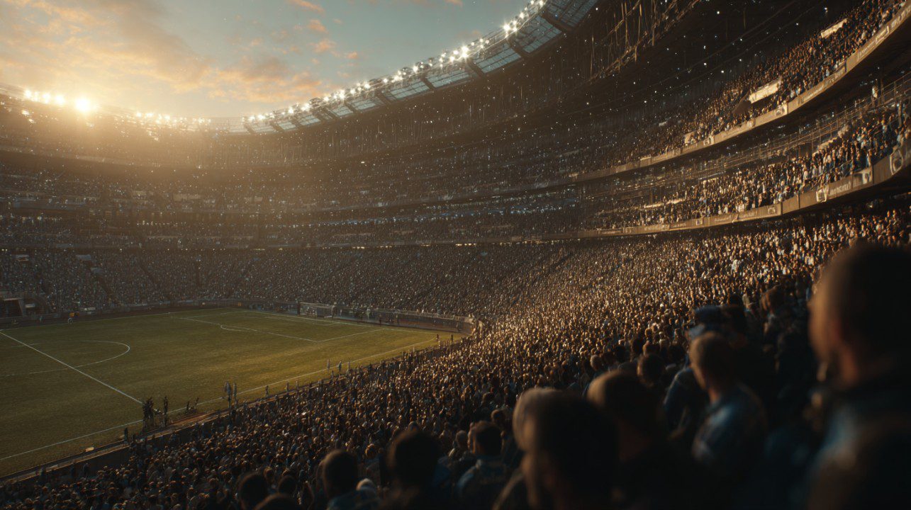 Passionate football fans cheering together at a stadium